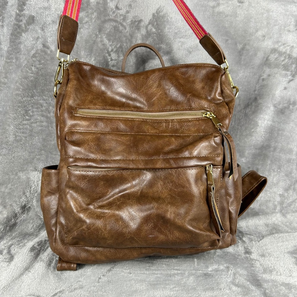 Brown Vegan Leather Convertible Backpack Purse Guitar Strap Gold Hardware